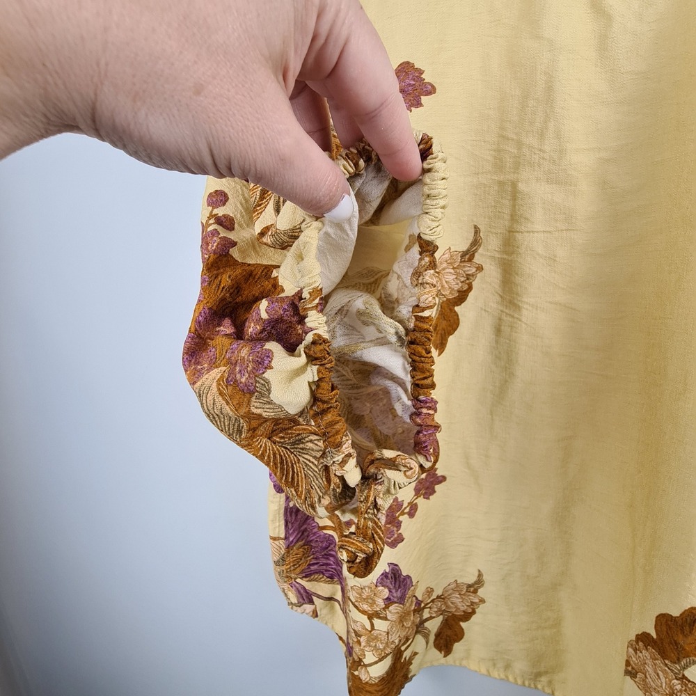 Entro Womens 1X Yellow Floral Boho Blouse Ruched Tie Sleeve Rayon Top Earthy Art - Picture 9 of 11